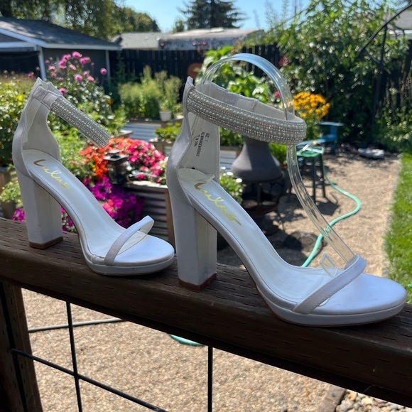 Lulu’s Delary White Satin Rhinestone Ankle Strap High Heel Sandals 7 - Picture 2 of 11